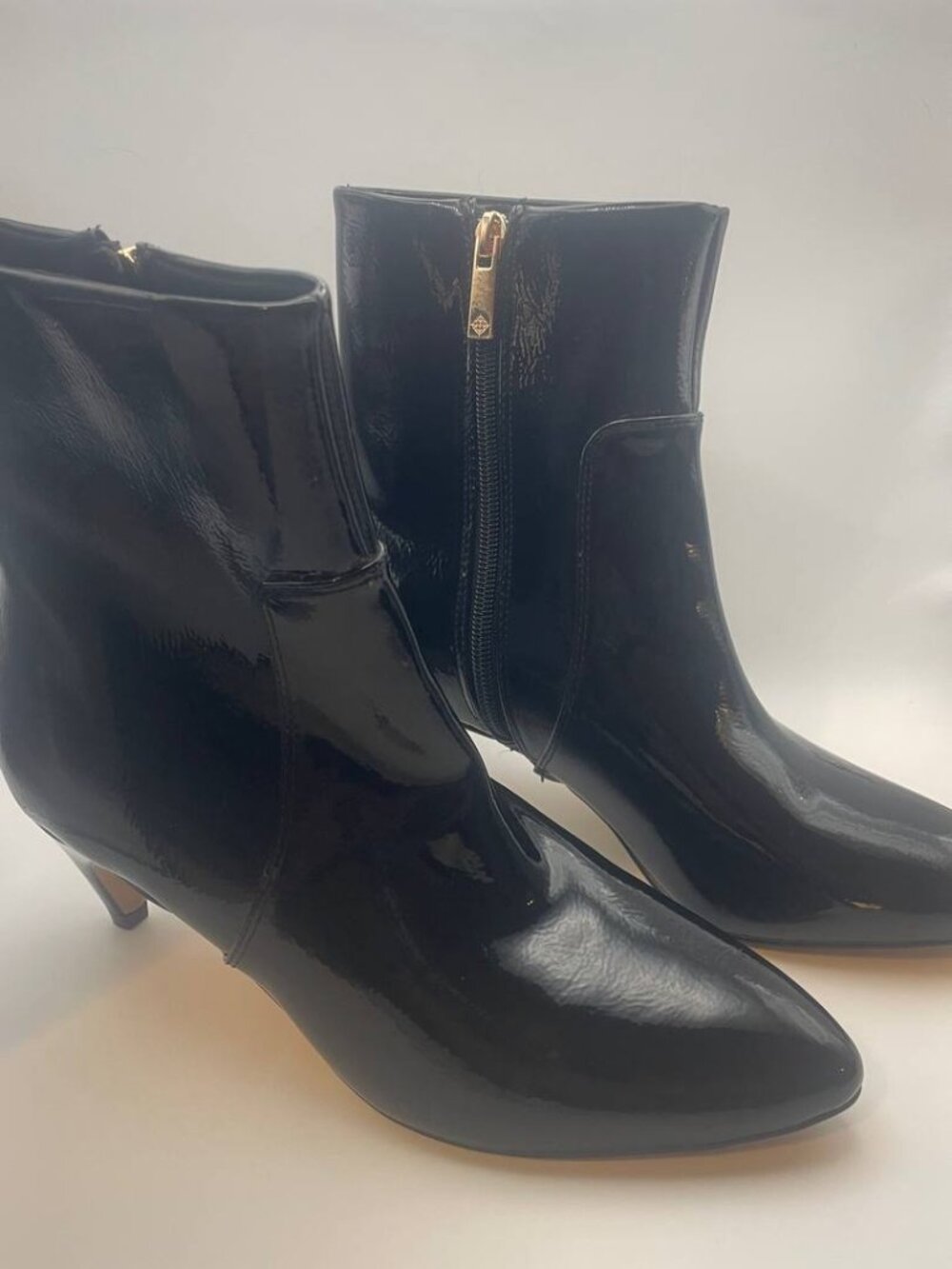 New Nanette Black Patent Leather Kitten Heel Ankle Boots Pointed Toe Shiny 8